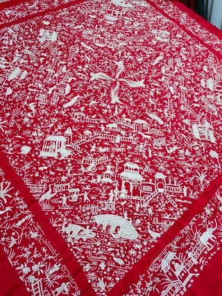 mantón de Manila antiguo cantones rojo y marfil