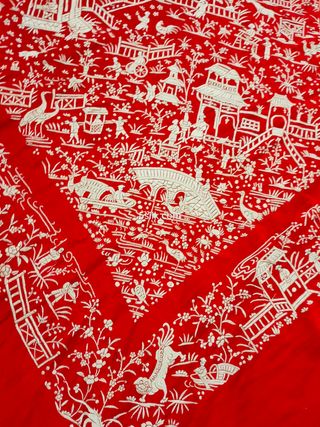 mantón de Manila antiguo cantones rojo y marfil