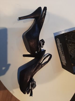 Zapato tacón fiesta boda plata negro piel