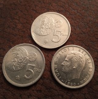 Tres monedas del Mundial 82 de 5 pesetas 1980*82