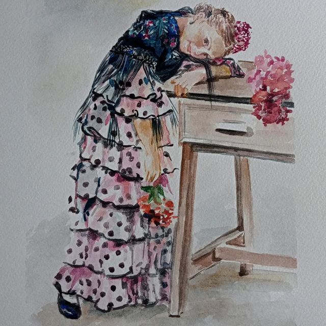 Cuadro. Pintura.  Acuarela. Flamenca