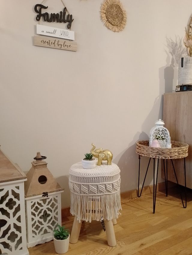 Taburete boho, macramé y madera 