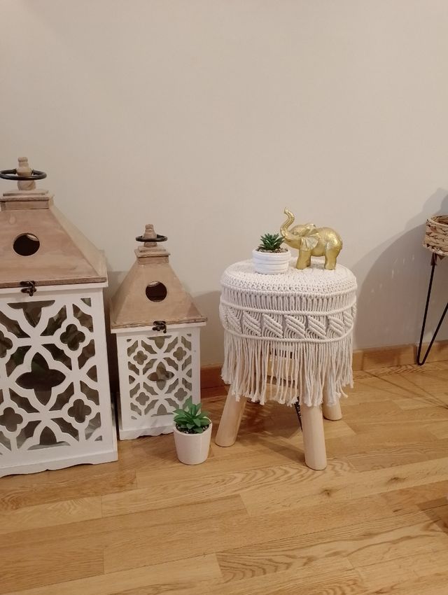 Taburete boho, macramé y madera 