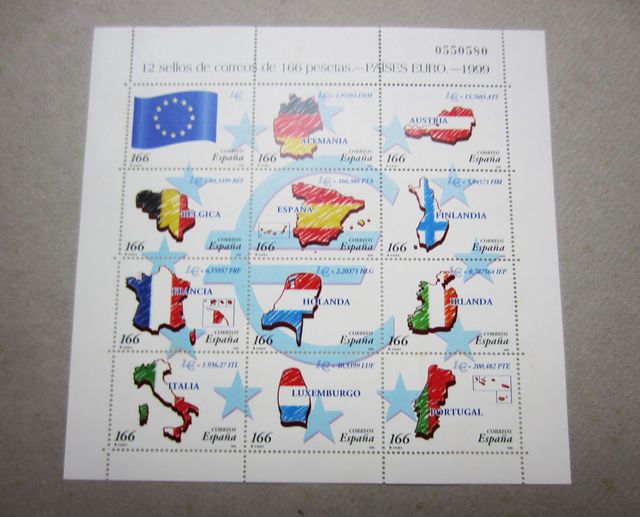 HOJA BLOQUE SELLOS. Países del euro. Año 1999.