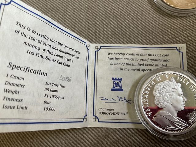 2 onzas plata 999, gato Crown isla de Man