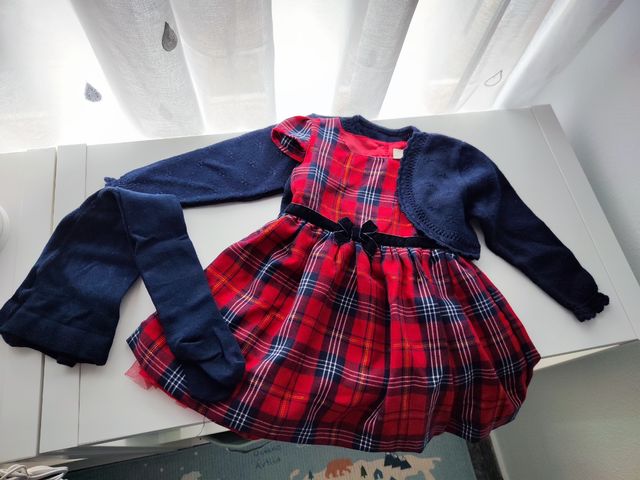 Vestido rojo navidad + chaqueta + leotardos 12/18m