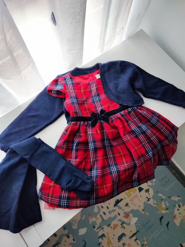 Vestido rojo navidad + chaqueta + leotardos 12/18m