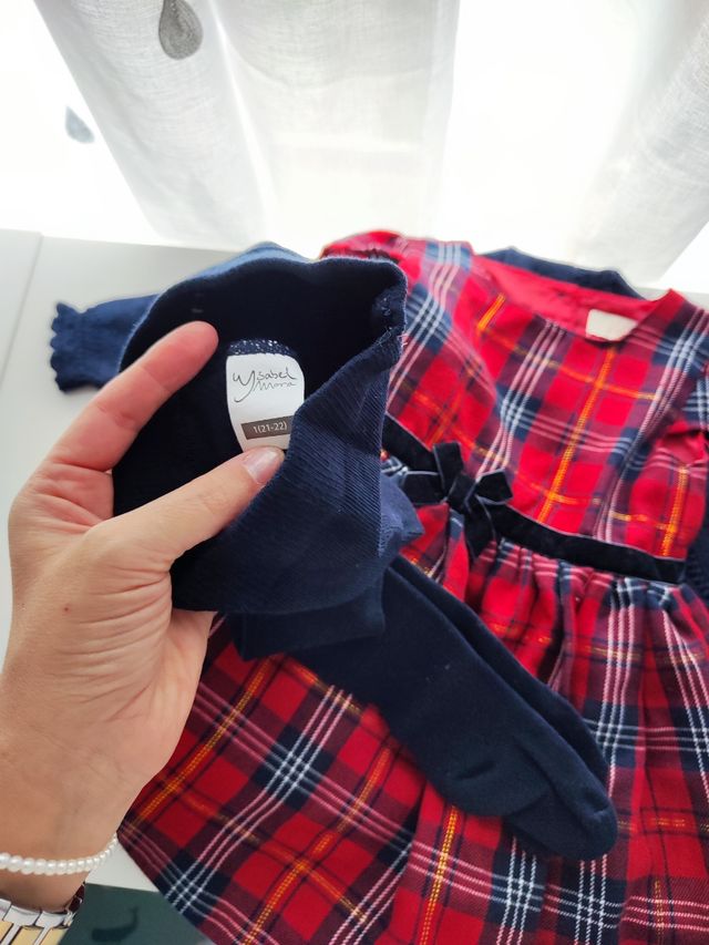 Vestido rojo navidad + chaqueta + leotardos 12/18m