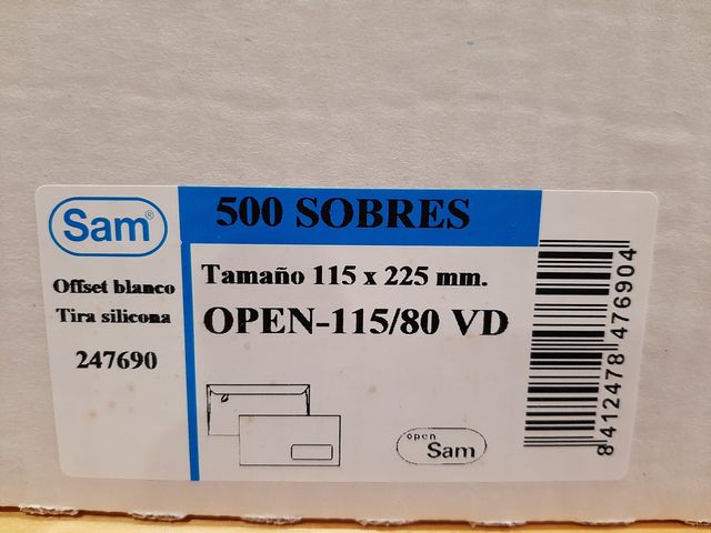 Caja 500 sobres blanco Sam 115x225 mm. con ventana