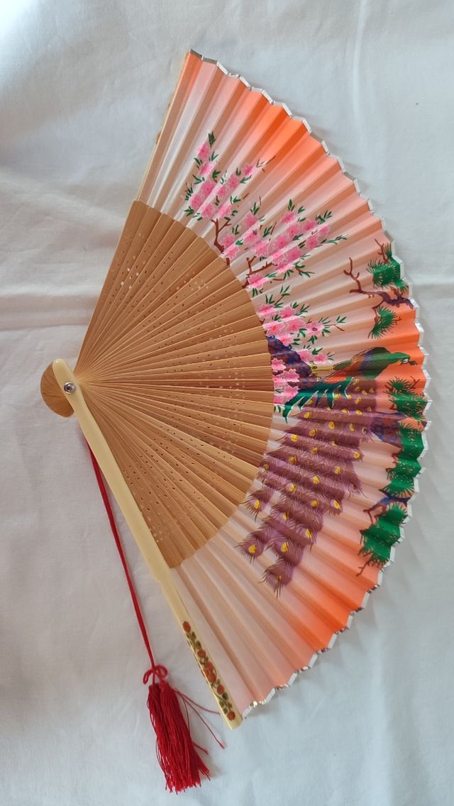 Abanico chino madera bambú. Vintage. Años 70
