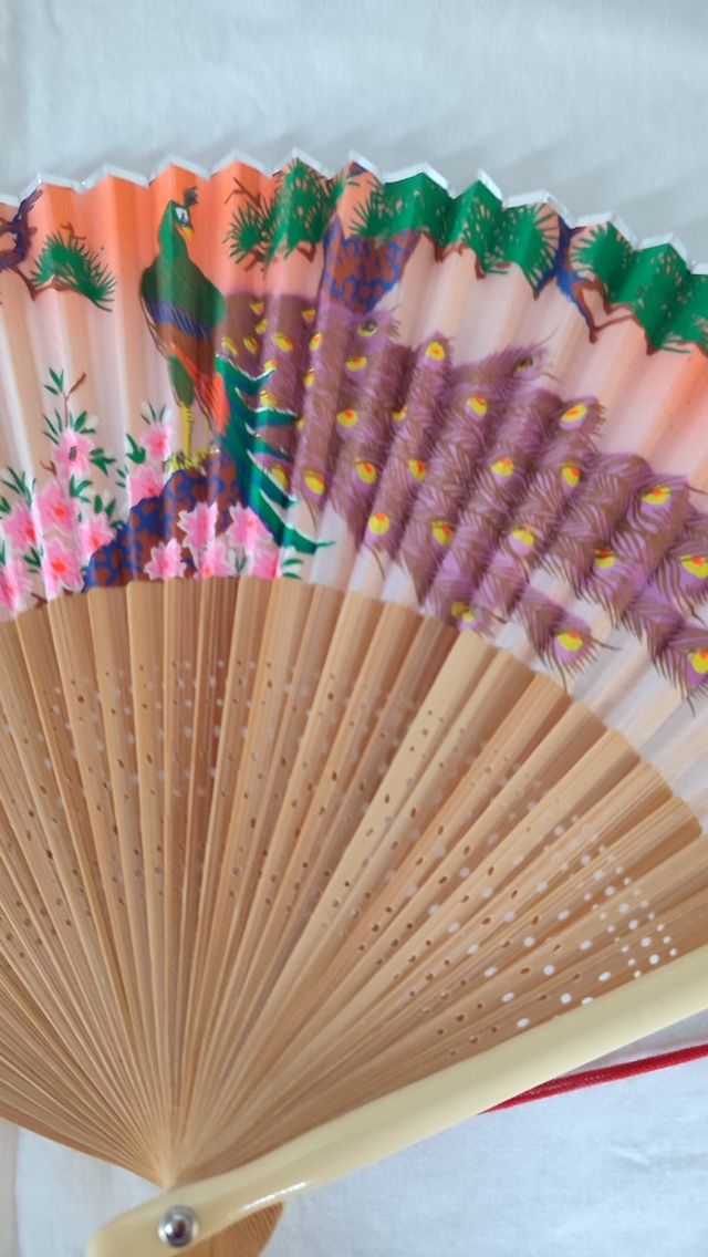 Abanico chino madera bambú. Vintage. Años 70
