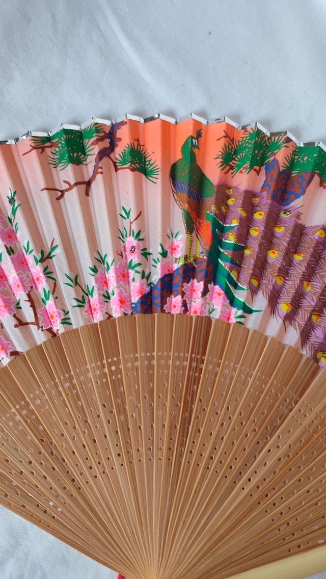 Abanico chino madera bambú. Vintage. Años 70