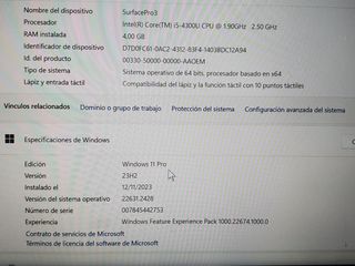 Tablet Microsoft Surface Pro3, W11, 4 RAM, 128 Gb.
