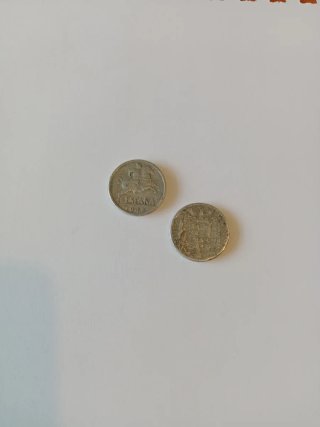 Lote 2 moneda España 1945, 10 cent. Figura arquero