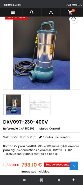 Bomba sumergible de pozo caprari 0.9 kw