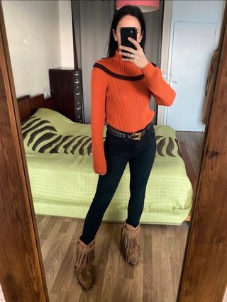 Nuevo jersey naranja lana acanalado cuello alto tL