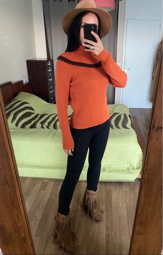 Nuevo jersey naranja lana acanalado cuello alto tL
