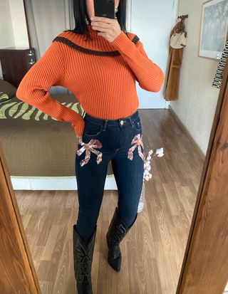 Nuevo jersey naranja lana acanalado cuello alto tL