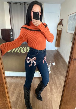 Nuevo jersey naranja lana acanalado cuello alto tL