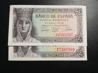 Pareja billetes 5 pesetas 1943