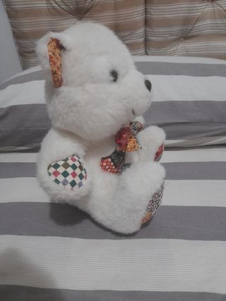 Peluche vintage orso bianco con fiocco h 24 cm