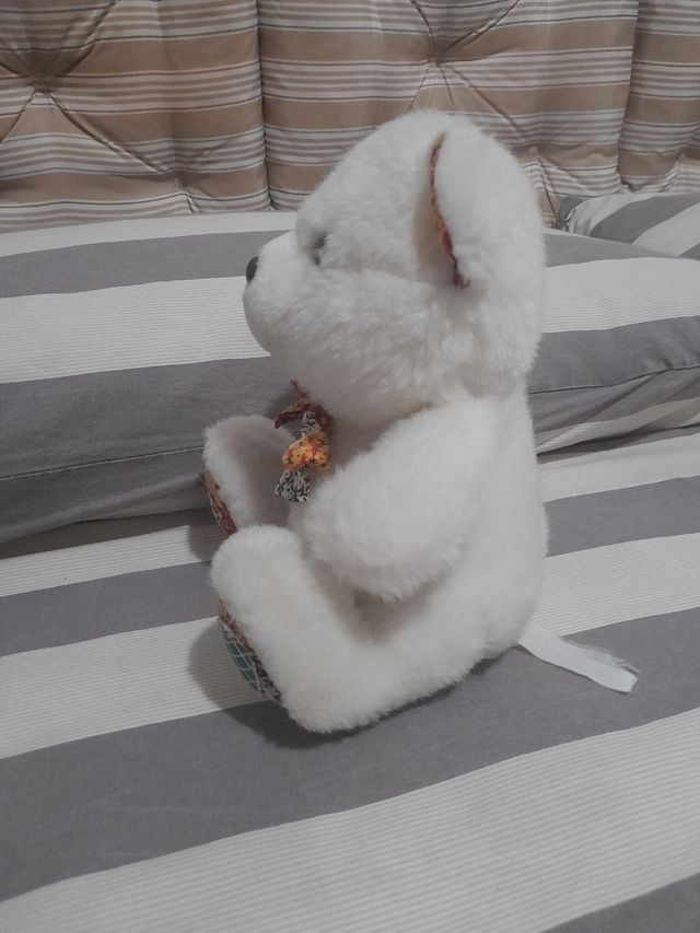 Peluche vintage orso bianco con fiocco h 24 cm