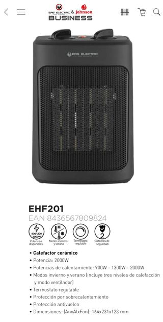 CALEFACTOR CERÁMICO 2000W  3 VELOCIDADES NEGRO