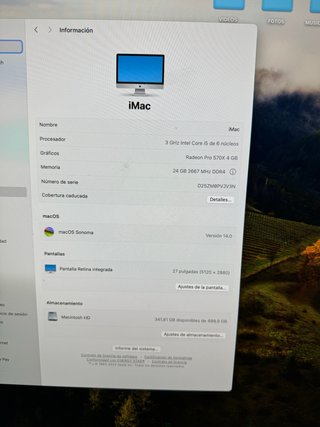 iMac 27” (2019) 24GB, 500 SSD (NO es FusionDrive)