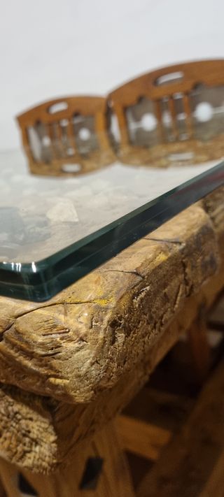 Mesa trillo con cristal más seis sillas