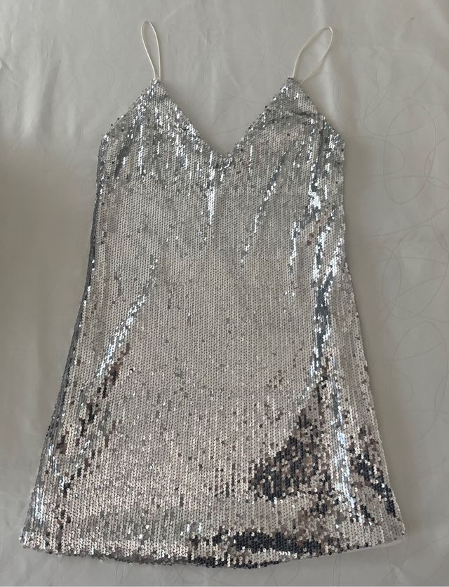 miniabito con paillettes argento e spalline a filo