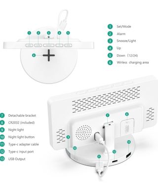 Reloj despertador,luz Led, cargador inalámbrico 