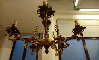 Lampadario 5 bracci in Ottone e legno