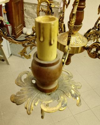 Lampadario 5 bracci in Ottone e legno