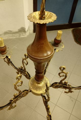 Lampadario 5 bracci in Ottone e legno