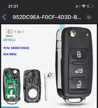 Llave mando 3 boton virgen vw 2007/2013 grupo vag
