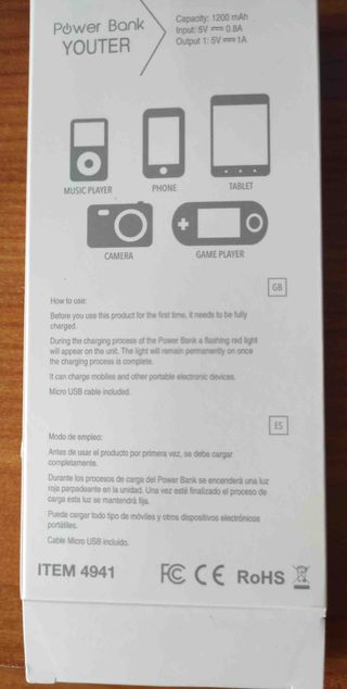 Batería Externa Power Bànk YOUTER 1200 mAh