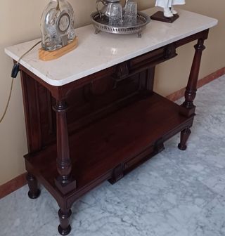 MESA RECIBIDOR MADERA CAOBA Y MÁRMOL