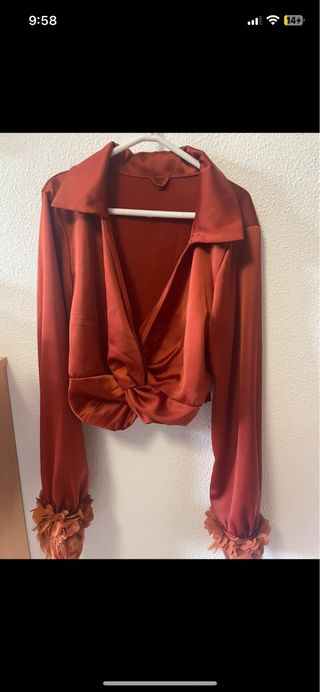 blusa con mangas de plumas