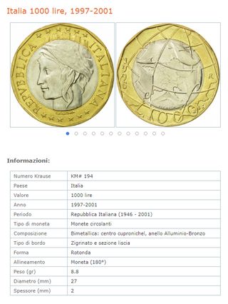 Moneta, Italia, 1000 Lire, Repubblica Italiana, 97