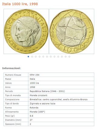 Moneta, Italia, 1000 Lire, Repubblica Italiana, 98