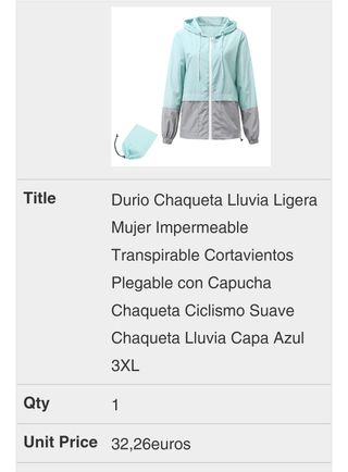 Durio Chaqueta Lluvia Ligera Mujer Impermeable