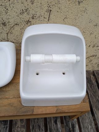 jabonera y porta rollos higiénico cerámica antiguo