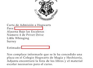 Carta aceptación Harry potter personalizada españ