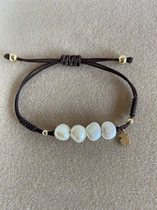 pulsera perlas y osito chapado en oro