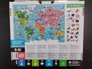 Puzzle gigante world tour animales 3D 108p. Headu.