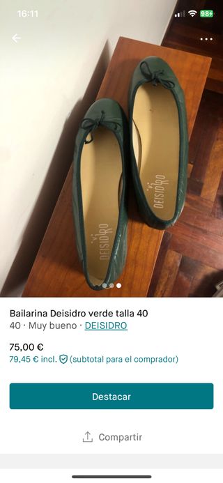 Bailarina verde piel de Deisidro talla 40.