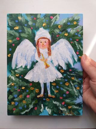 Ángel Oleo Tablero de Lona Pintura Original Arte