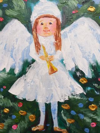 Ángel Oleo Tablero de Lona Pintura Original Arte