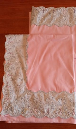 Juego de sabanas vintage, color rosa y p/ celeste