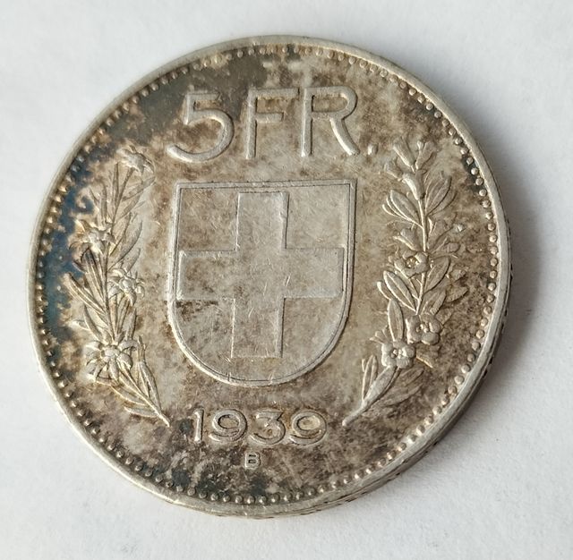 Plata 5 francos suizos 1939 B